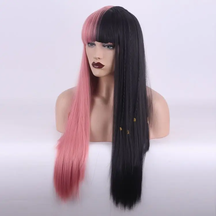 Women Wig Half Pink Black Two Tone Synthetic Long Straight Party Hair Wigs