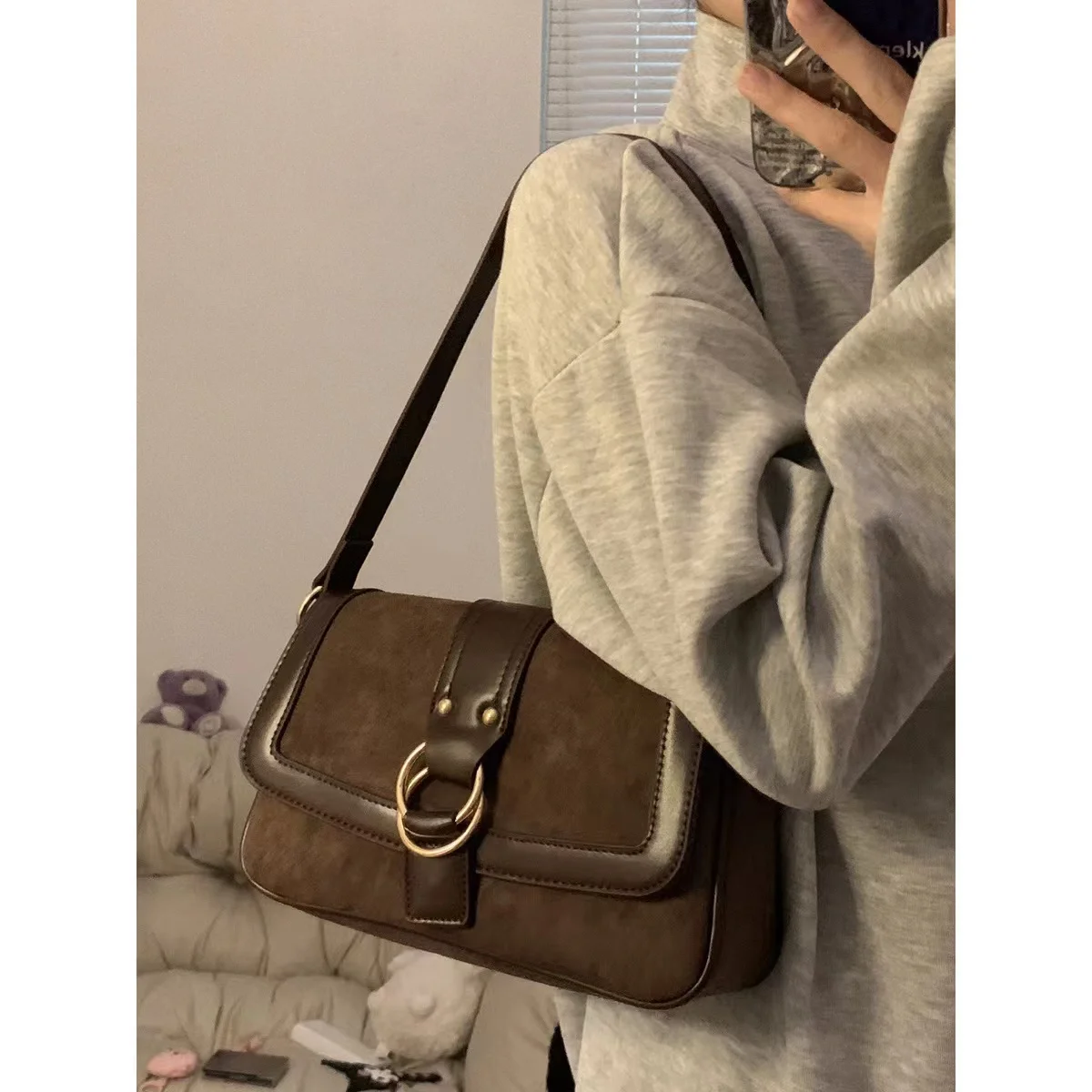 Vintage Brown Shoulder Bags for Women New Trendy Flap Design Frosted Underarm Bag Lady Casual Out Crossbody Bag and Purses