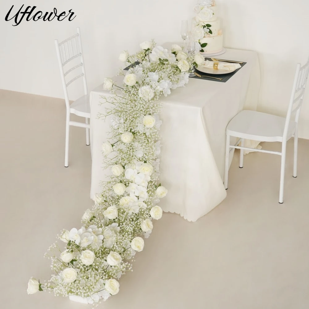

Uflower 200cm White Rose Gypsophila Artificial Flower Row Wedding Backdrop Wall Decor Table Centerpiece Flowers Party Stage Prop