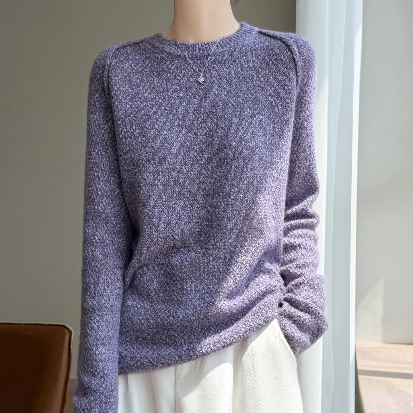 Autumn Winter New Arrival Women's Merino Wool Pullover Sweater O Neck Fine Mixed Yarn Textured Knit Marshmallow Gentle Knitwear