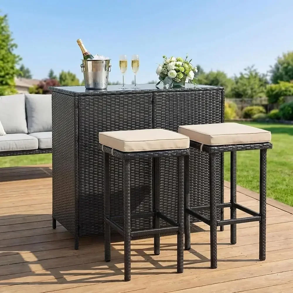 3-Piece Outdoor Wicker Bar Set with 2 Stools and Glass Top Table for Patio, Deck, or Lawn