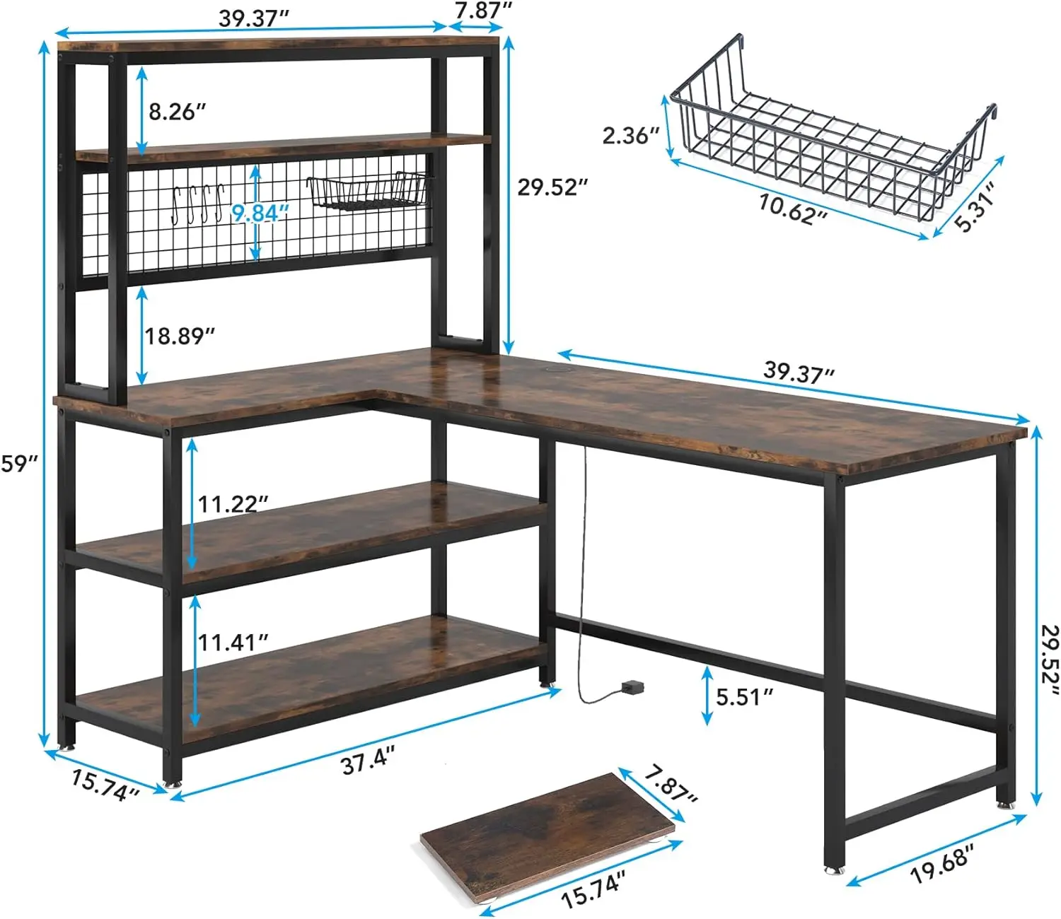 Wireless Charging 5 Storage Shelves, Office Desk Study Table Writing Desk Workstation with Hutch Bookshelf