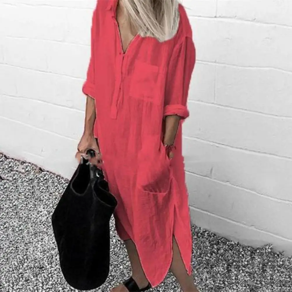 Summer Women Dress Solid Color Long Sleeve Side Split Buttons Shirt Dress Loose-fitting Turn-down Collar Pocket Long Dress