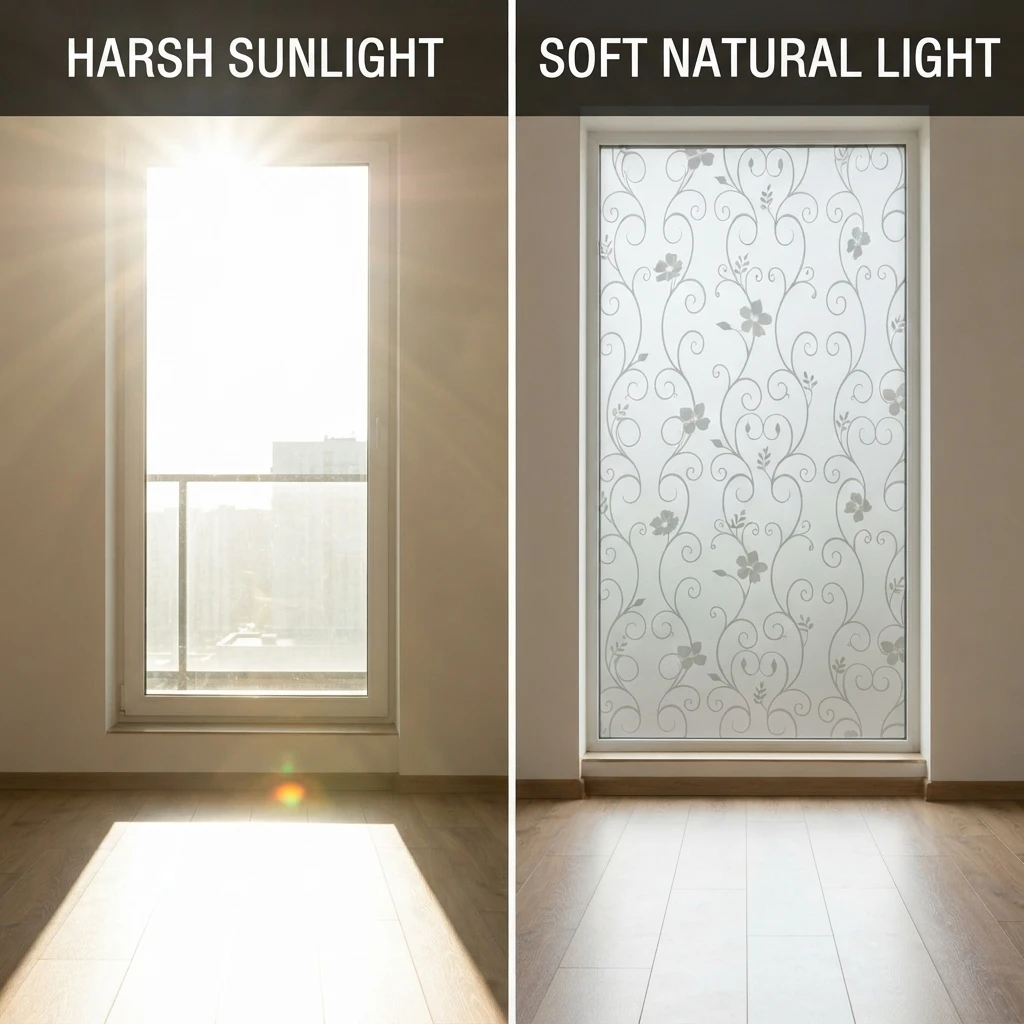 Elegant White Frosted Privacy Window Film Self-Adhesive Curly Vine Floral Design Removable Glass Sticker for Home Decor