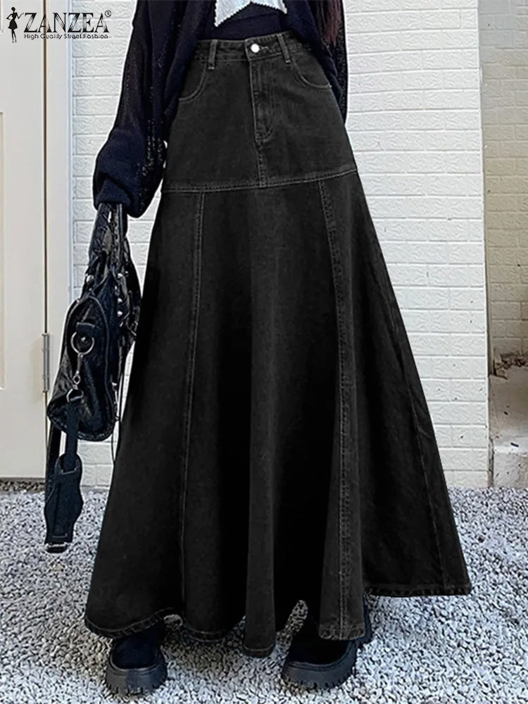 Casual Patchwork A-Lijn Maxi Rok Zanzea Vrouwen Denim Lange Rok 2024 Zomer Mode Hoge Taille Jupe Elegante Wrap Lange Faldas