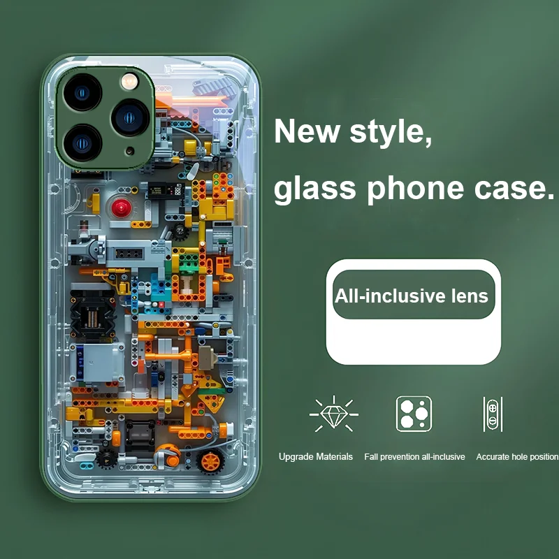 Mechanischer Innenraum Blau Lila für iPhone 15 14 13 12 Mini 11 Pro Max X XS XR 7 8 Plus 2020 22 SE Handyhülle aus gehärtetem Glas