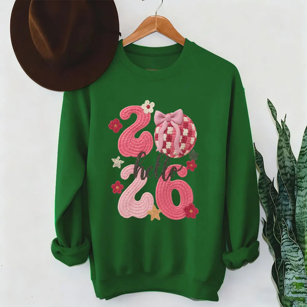 Appy Capodanno 2026 Felpe da donna maglione finto rosa all'uncinetto stampa grafica pullover da vacanza non ricamo felpe con cappuccio da donna