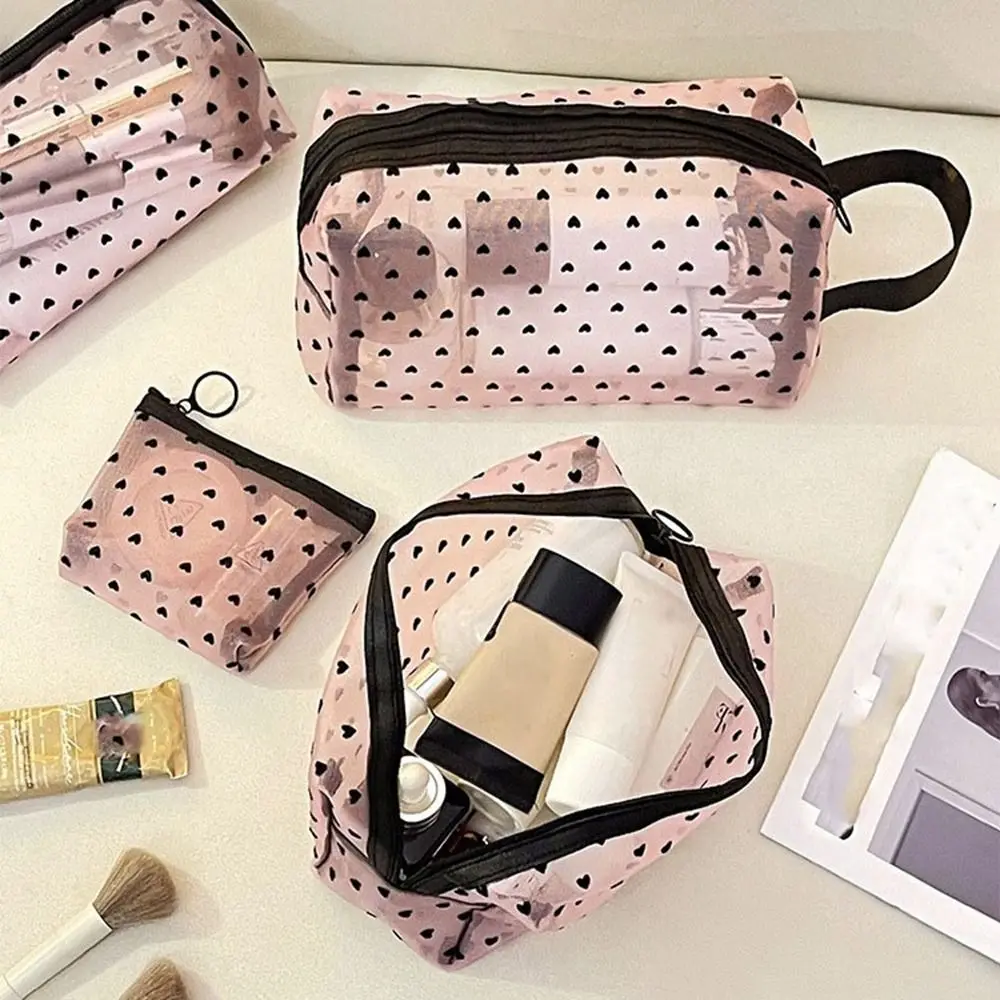 New Heart Transparent Mesh Makeup Bag Black/Pink Portable Ladies Toiletry Storage Bag Multifunction Lipstick Organizer Bags