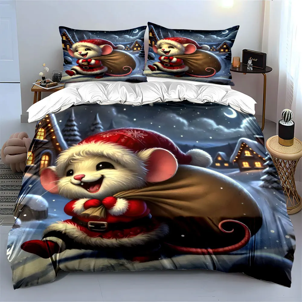 Christmas mouse carrying a gift bag Christmas Eve Print Duvet Cover Bedding Set Included 1*Duvet Cover 2*Pillowcases