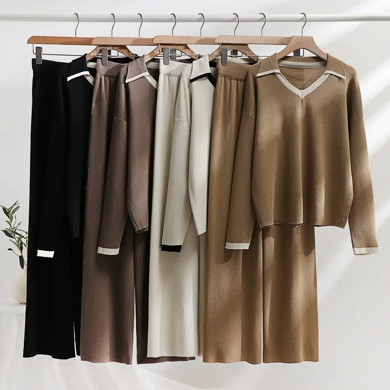 

Knited Pants Set Women Contrast Loose Long Sleeve Sweater with High Waist Split Straight Wide Leg Women Two Piece Set Autumn