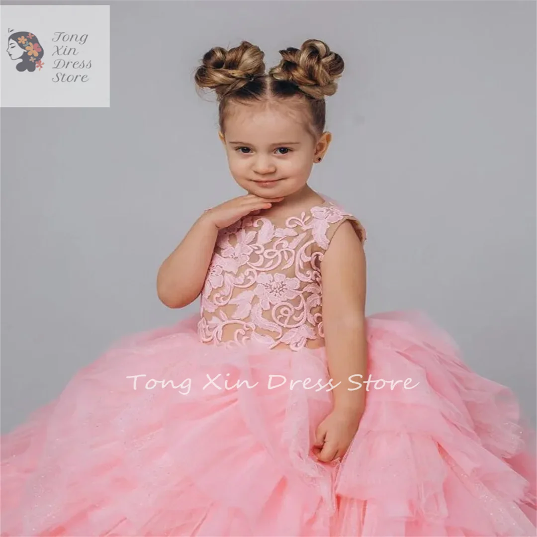Customized Gorgeous Pink Girls Dresses Lace Tulle Princess Pageant Dress Prom Gown Flower Girl Dress for Wedding Kid