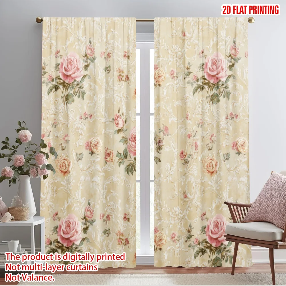 2pcs,2D plane printing Pattern Curtains Vintage Roses (2) Polyester Fabric (without rod) Home Decor Use for Living Room &
