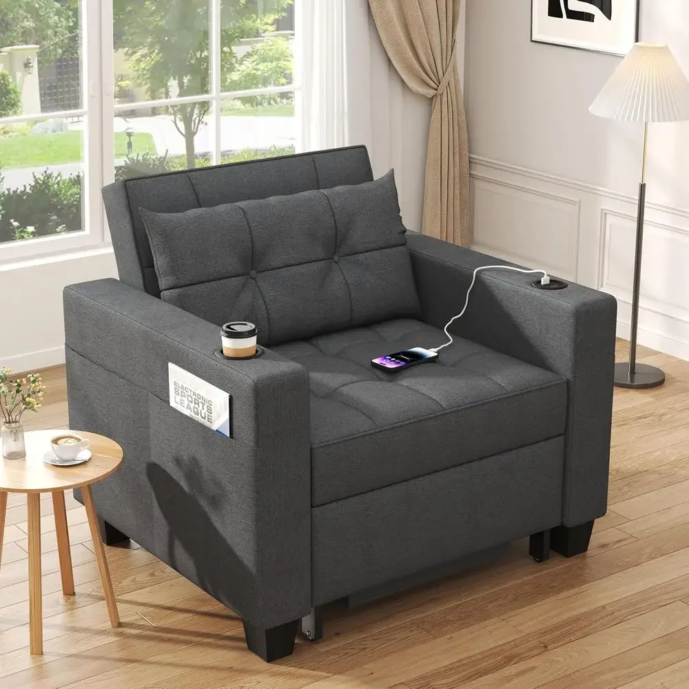 Convertible Sleeper Chair, 3-in-1 Pull Out Soa Bed with USB Port, Cup Holders, Adjustable Backrest Chair Bed or Living Room, Bed