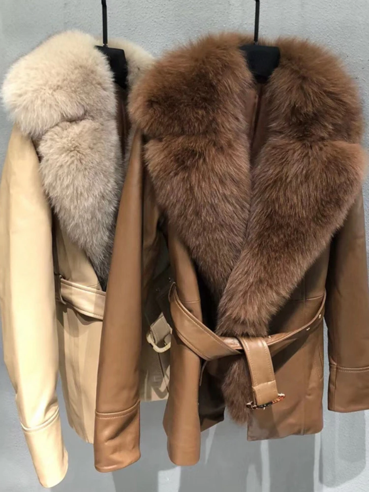 MENINA BONITA 2022 Real Fur Coat Winter Jacket Women Natural Fox Fur Collar Genuine Sheepskin Leather Belt Thick Warm Outerwear