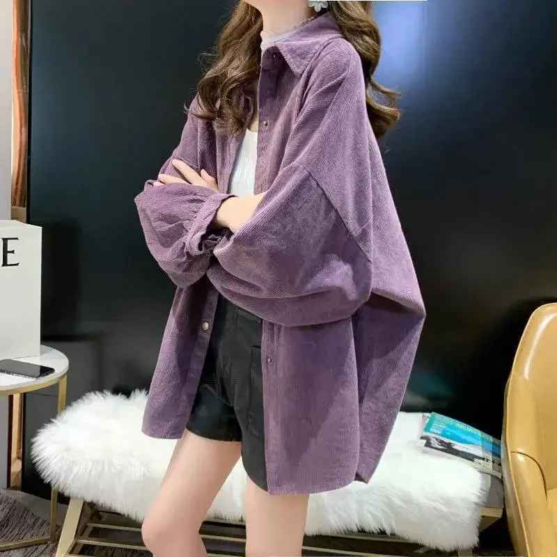 Corduroy Purple Top Button Up Women Shirts Long Sleeve Turn Down Collar Oversized Loose Outerwear 2022 New Warm Blouse WERR