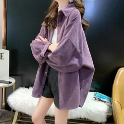 Corduroy Purple Top Button Up Women Shirts Long Sleeve Turn Down Collar Oversized Loose Outerwear 2022 New Warm Blouse WERR