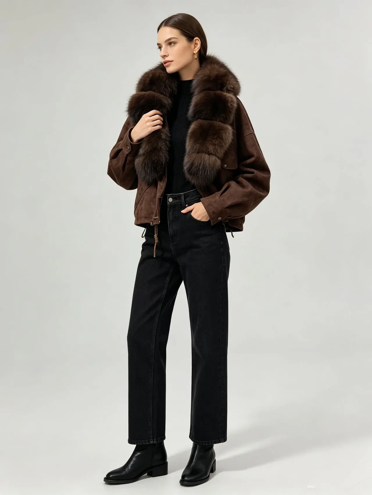 OFTBUY Neue Winterjacke, dick, lässig, locker geschnitten, aus Wildleder, mit warmem, winddichtem Daunenfutter, Damenjacke mit echtem Fuchsfell. – Detail 7