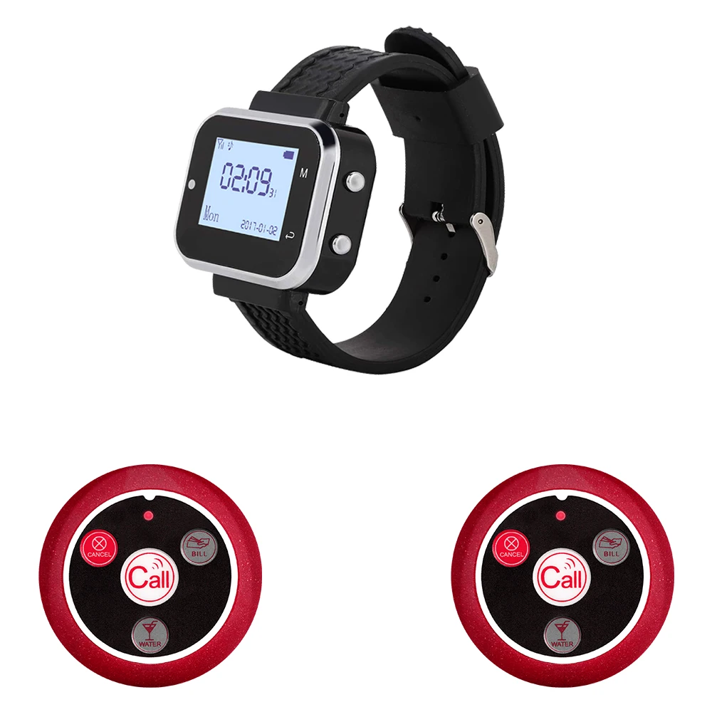 JINGLE BELLS 1 Watch Pager 2 Waiter Table Button Wireless Calling System Transmitter for Restaurants Clinic Cafe Paging Pager