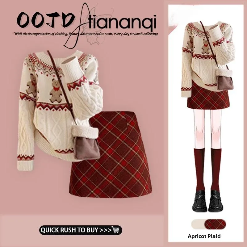 

Retro Fair Isle round Ne Knitwear Women's Autumn Winter Loose Fit Top High Waist Plaid Skirt Set Faionable Two-Piece...