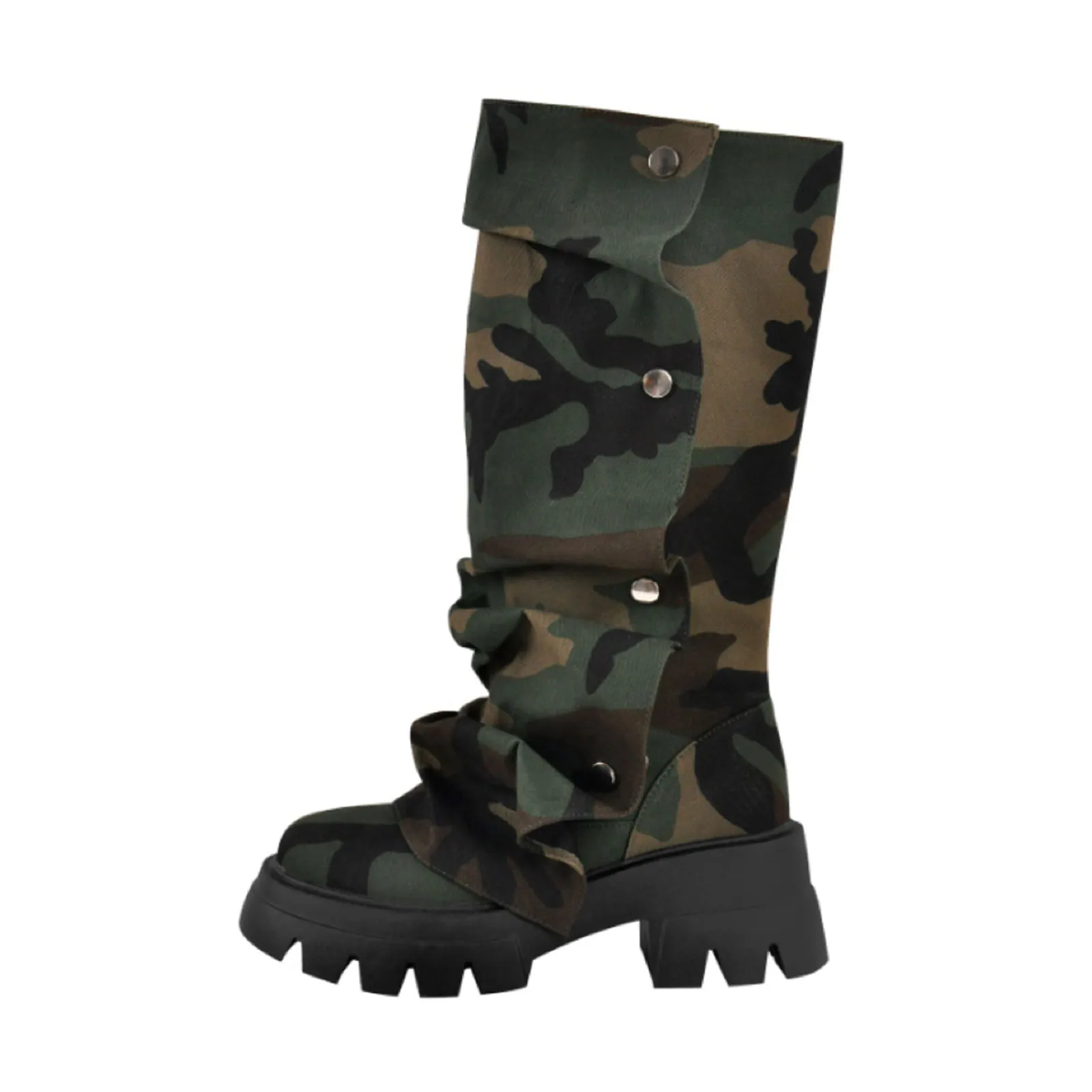 

Arden Furtado 2025 Spring camouflage colour Middle boots Round toe Platform Pleated Chunky Heels Metal buckle Modern boots