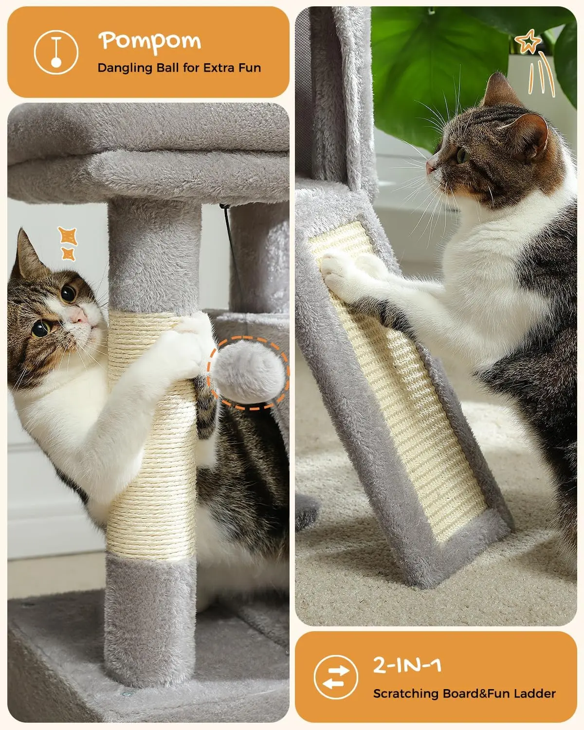 Árbol para gatos, torre para gatos de 30 pulgadas con condón doble para gatos de interior, casa para gatos de peluche con percha acolchada, rampa para rascar y postes