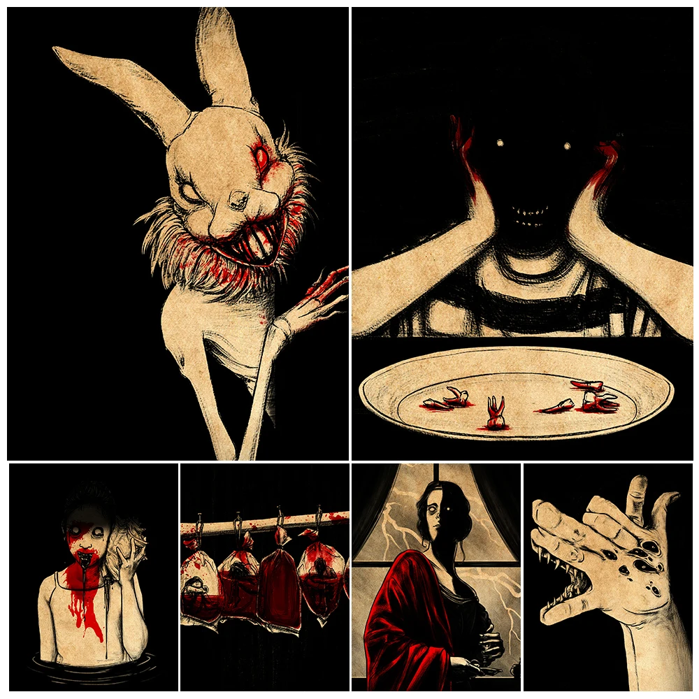 Horror Rabbit And Psychedelic Conch Vintage Wall Art Print Scary Finger Art Poster Creepy Black And White Art Print Decoration