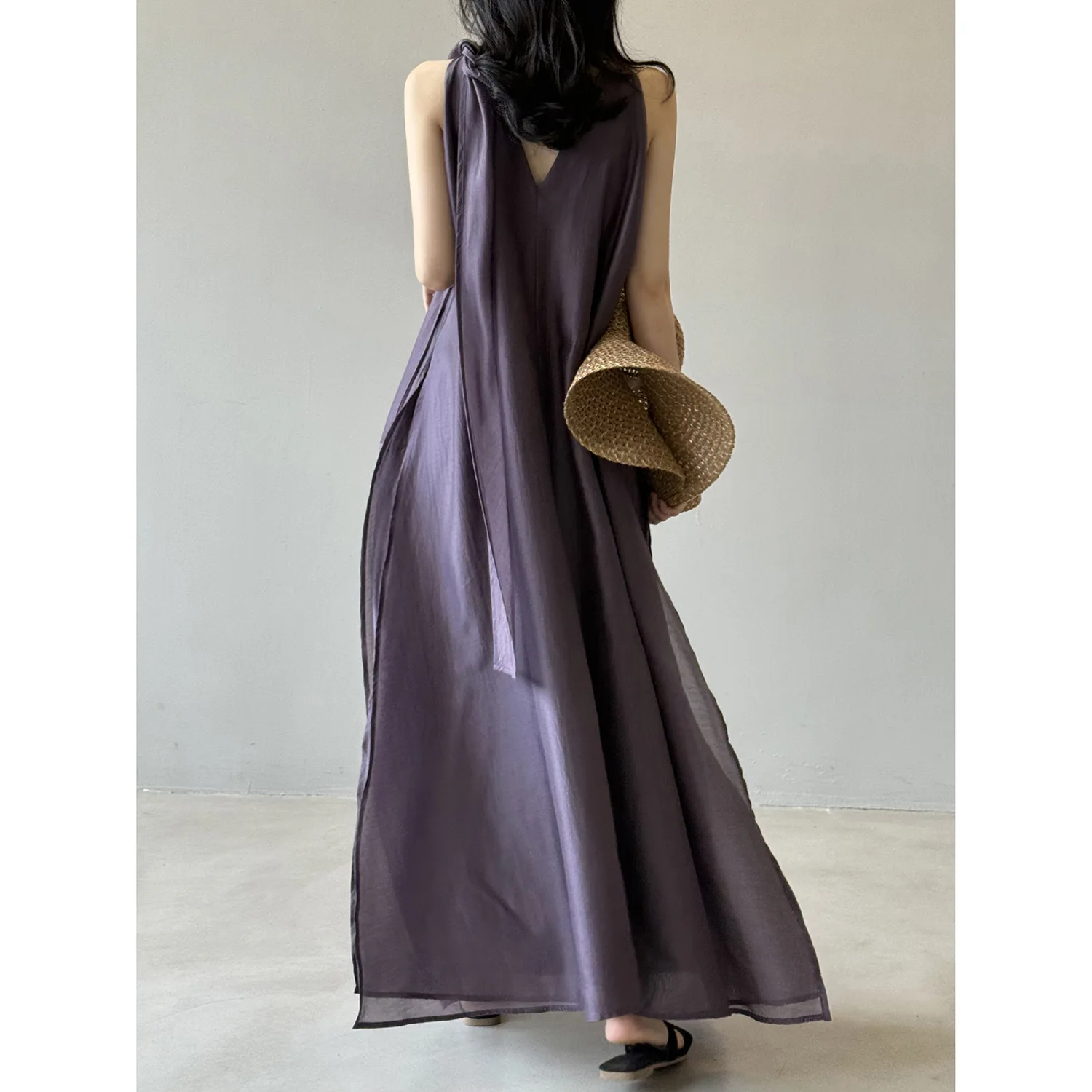 

Summer women's dress French tencel streamer hanging neck loose V-neck sleeveless