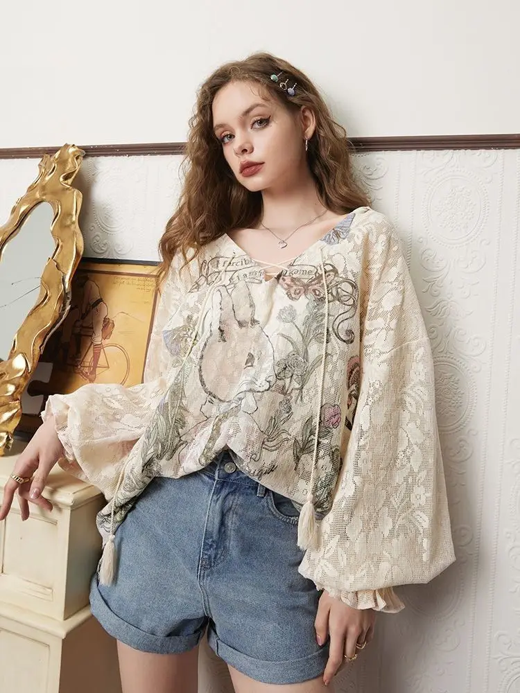 Shirt Rabbit Pattern Design Mesh Long Sleeve Blouses Women 2023 Spring Summer New Casual Tops