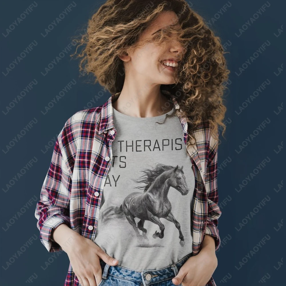 My Therapist Eats Hay Horse Riding Lover Gift Printed T-shirt Equestrian Vintage Fashion Graphic T Shirts Woman Men Cotton Tops