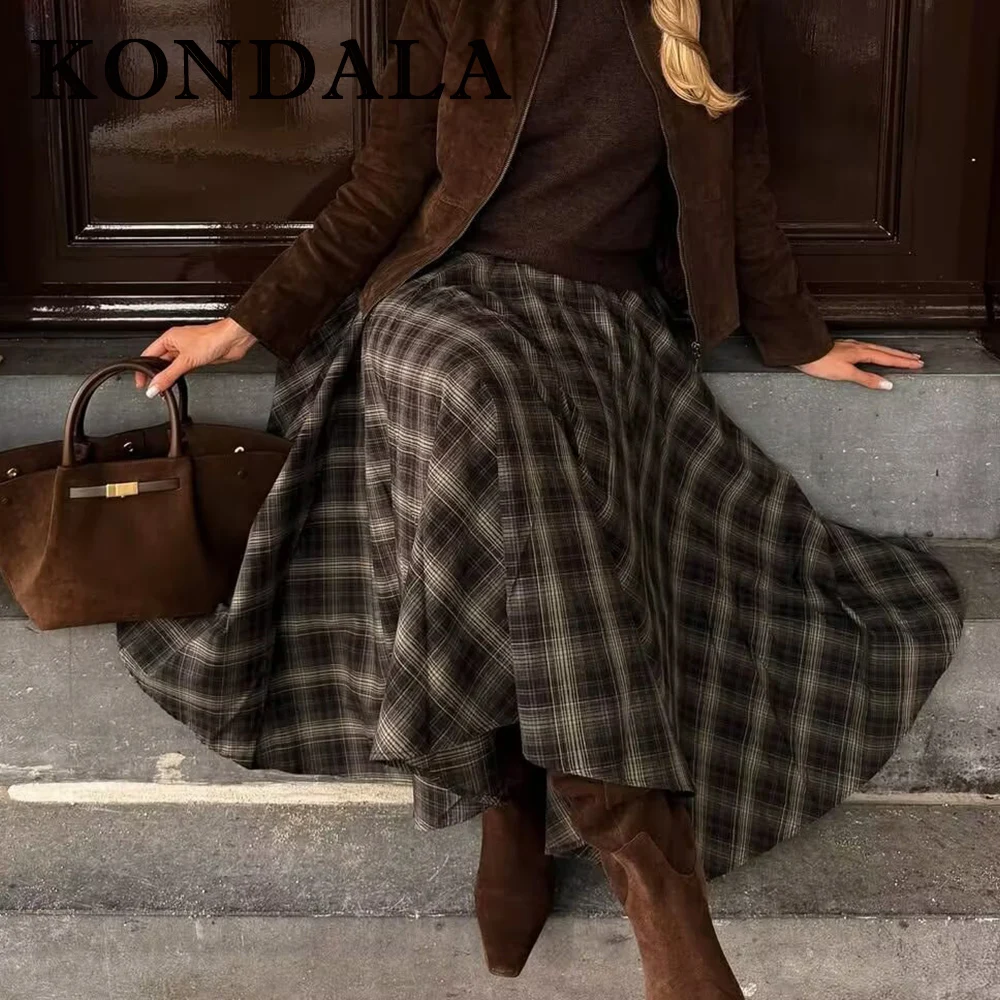 

KONDALA Vintage Brown Autumn Plaid Women Streetwear Pleated Skirt Loose Streetwear Chic Midi Elegant Mermaid Female Long Skirt
