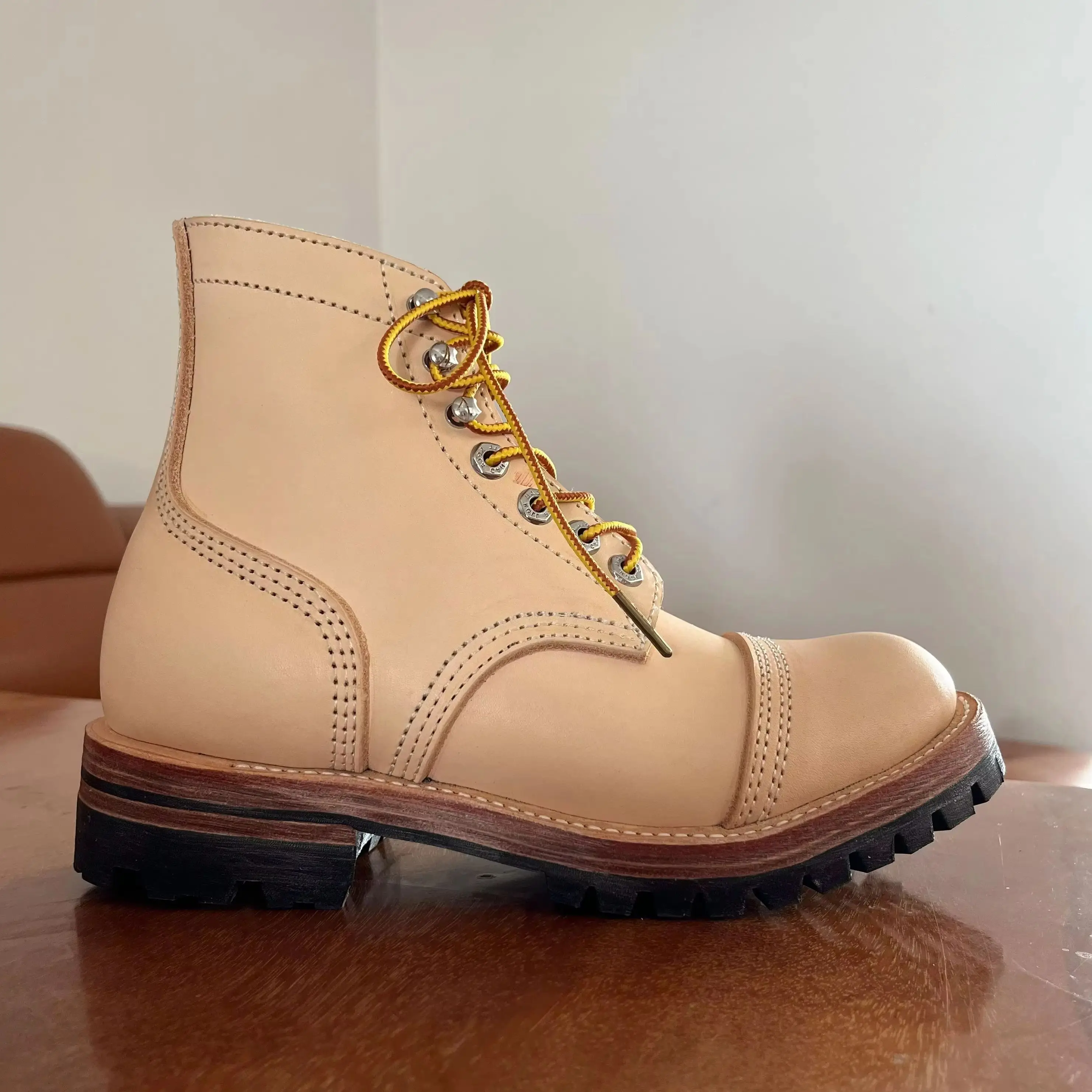 VTV812 Goodyear Welted Veg Tan Leather Work Boots, Men Handmade Genuine Welt Rubber Anti-slip Sole Vintage Ankle Boots