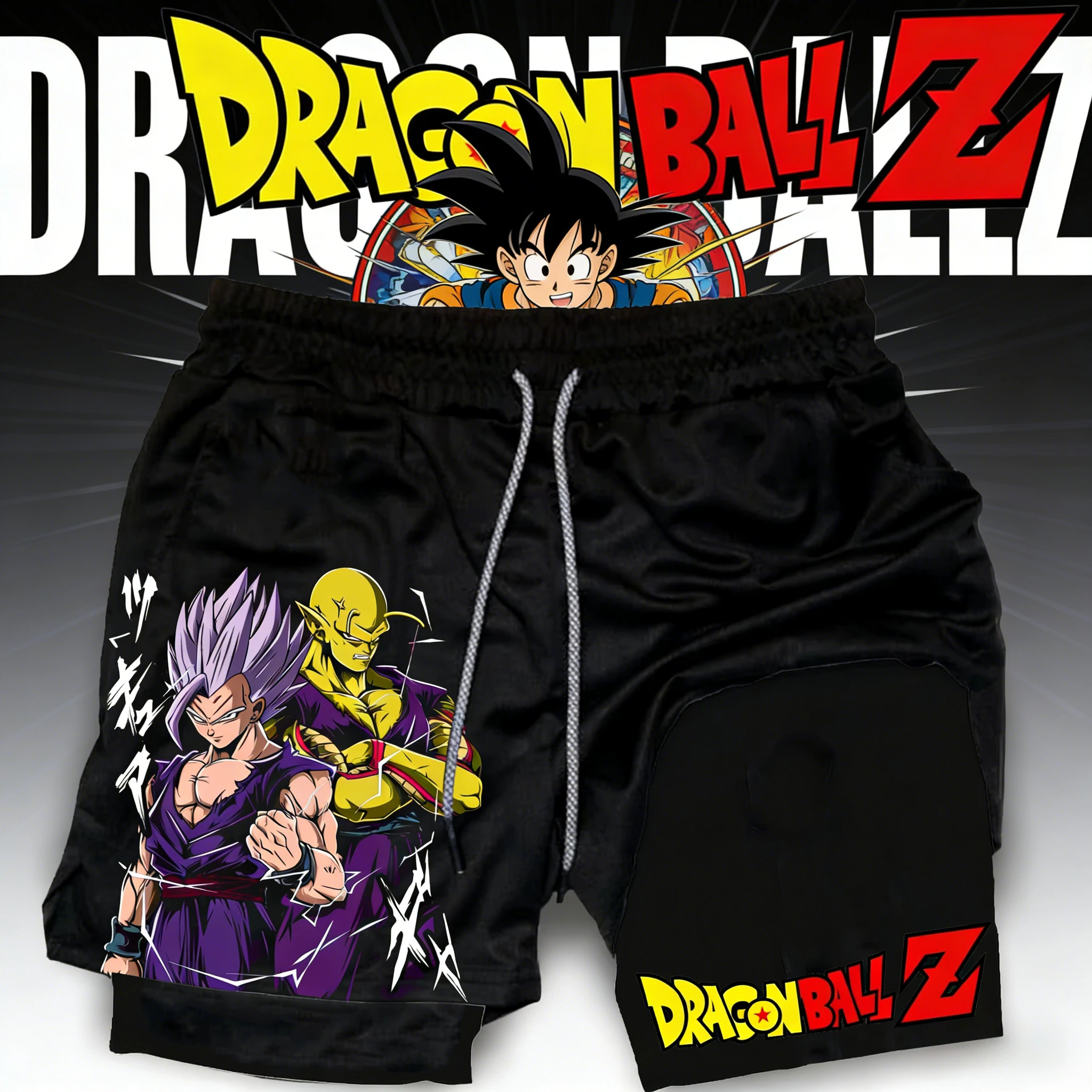 

Летние ретро-шорты Dragon Ball 2026 с двойным слоем и принтом Гохана и Пикколо, быстросохнущие, для мужчин, для фитнеса и бега, свободного кроя, больших размеров
