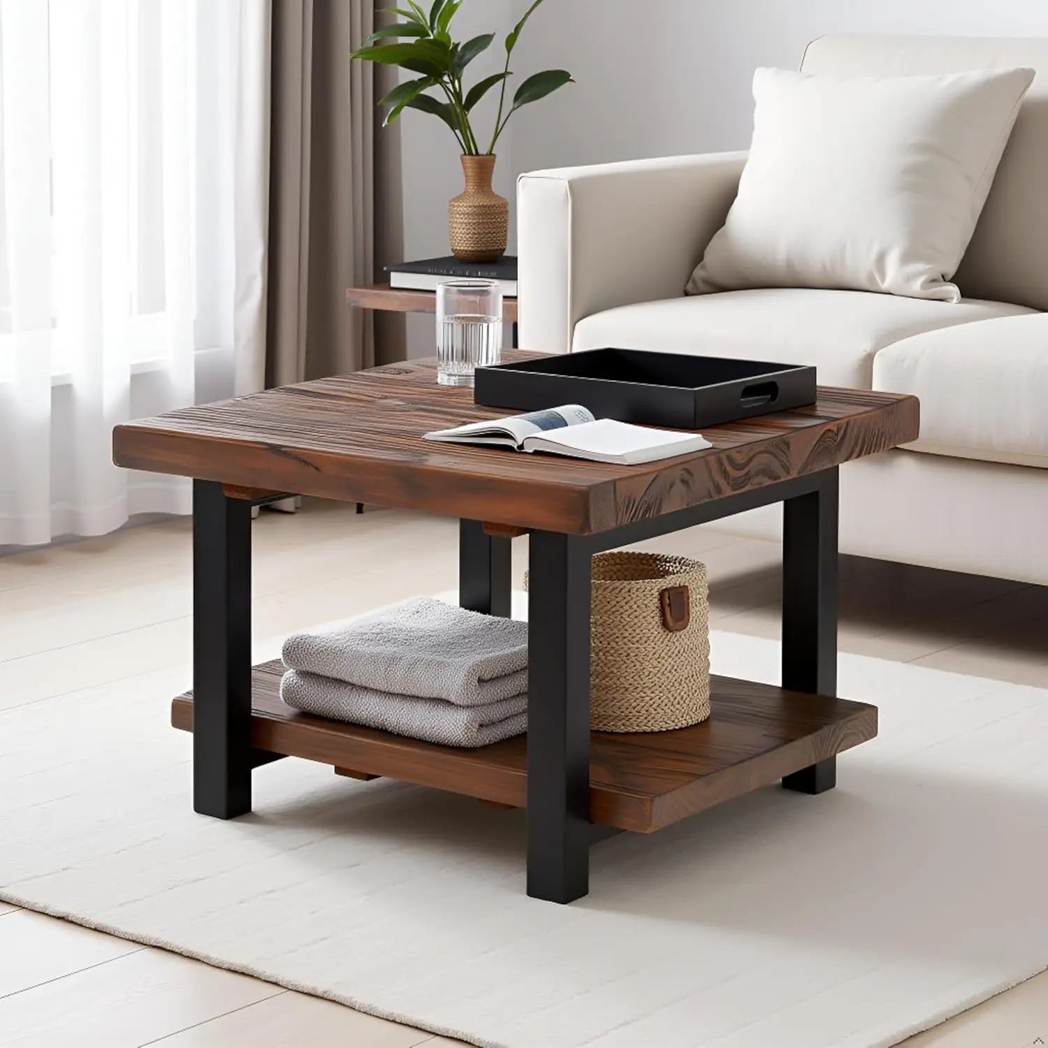 27" Rustic Square Coffee Table - Solid Pine Wood with Natural Weathered Finish & Industrial Metal Legs