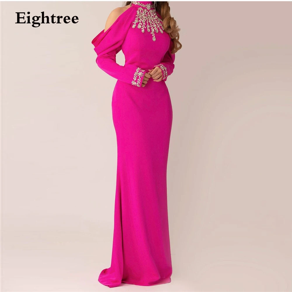 

Eightree Fuchsia Vintage Evening Dress Mermaid Crystal Taffeta Long Sleeves Halter Vestidos De Noche Formal Occasion Dresses