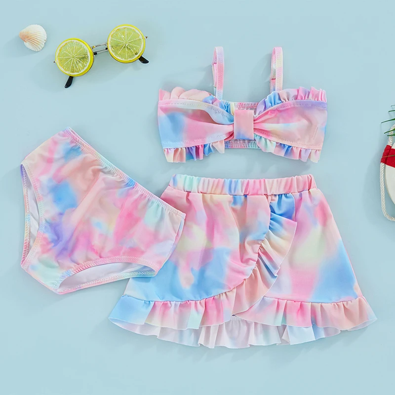 9M-4T Kids Girls Swimwear and Cover Up Summer Floral/Tie Dye Print Camisole Bra Elastic Shorts and Ruffle Skirt 3-Piece Set