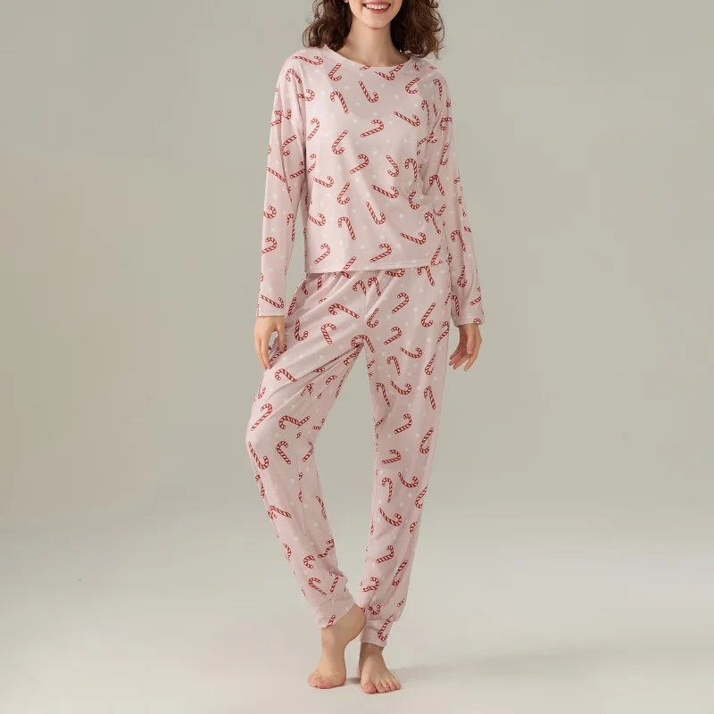 Pijamas navideños para mujer, conjunto de ropa de descanso con estampado de bastón de caramelo/alce, camisa de manga larga y pantalones elásticos, ropa de dormir de 2 piezas