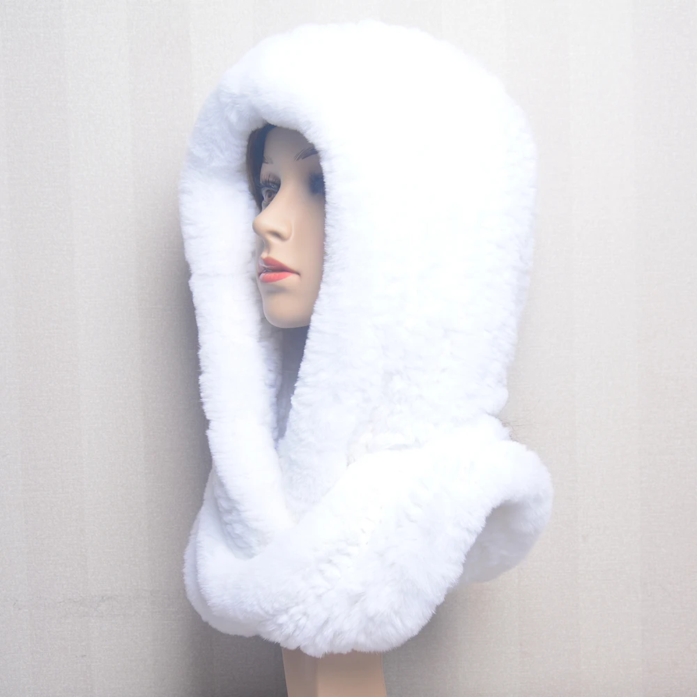 Women Knitted Real Rex Rabbit Fur Hat Hooded Scarf Winter Hats for Woman Fall Cap Warm Natural Fur Hat with Neck Scarves Bonnets