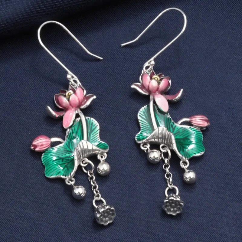 

Ethnic Style 925 Sterling Silver Enamel Lotus Flower Tassel earrings Vintage Pink Green Hanging Jewelry Women EH182