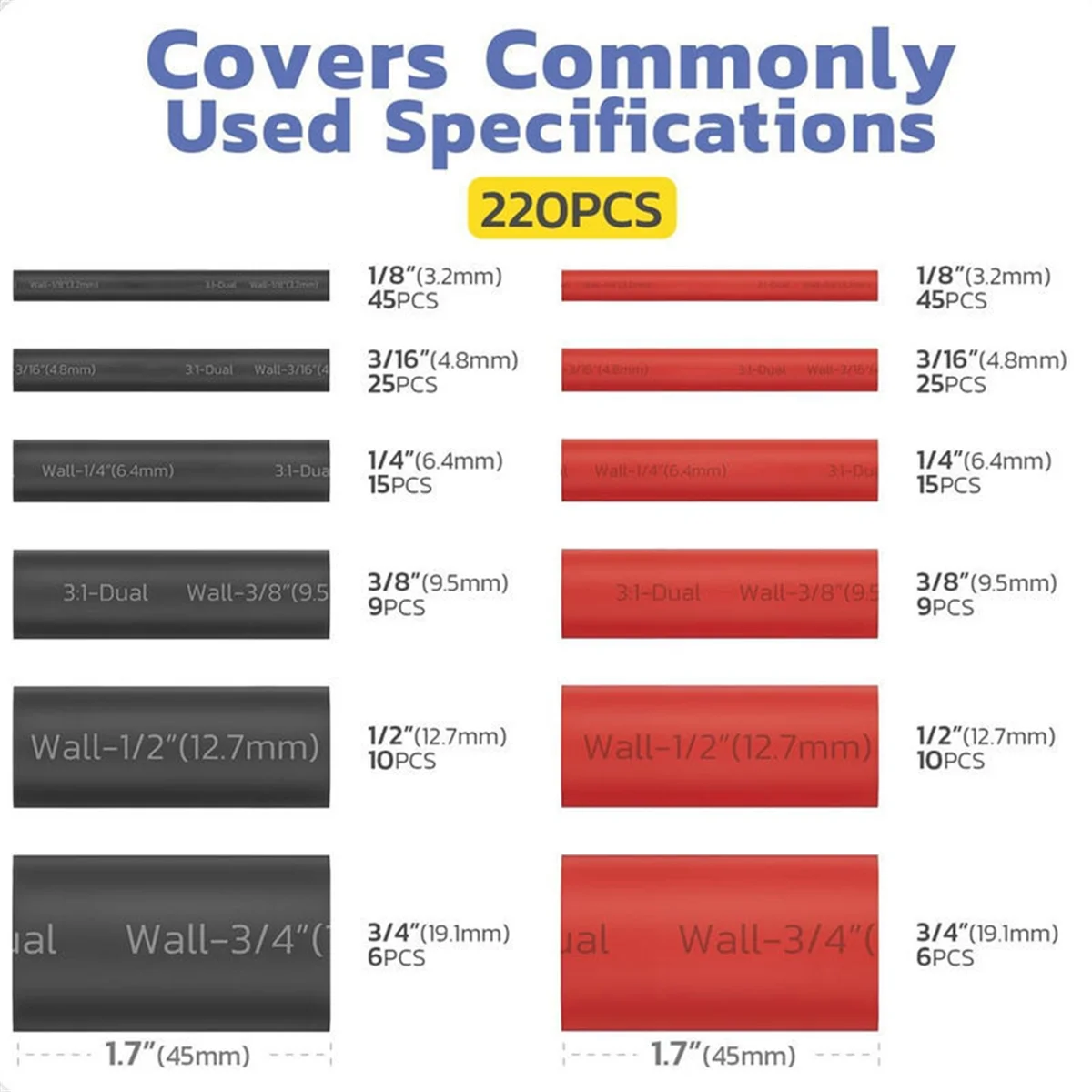 A002 Комплект термоусадочных трубок 3:1, 220 шт., термоусадочная пленка морского класса с клейкой подкладкой — длина 1,75 дюйма, 6 размеров 1/8–3/4 дюйма