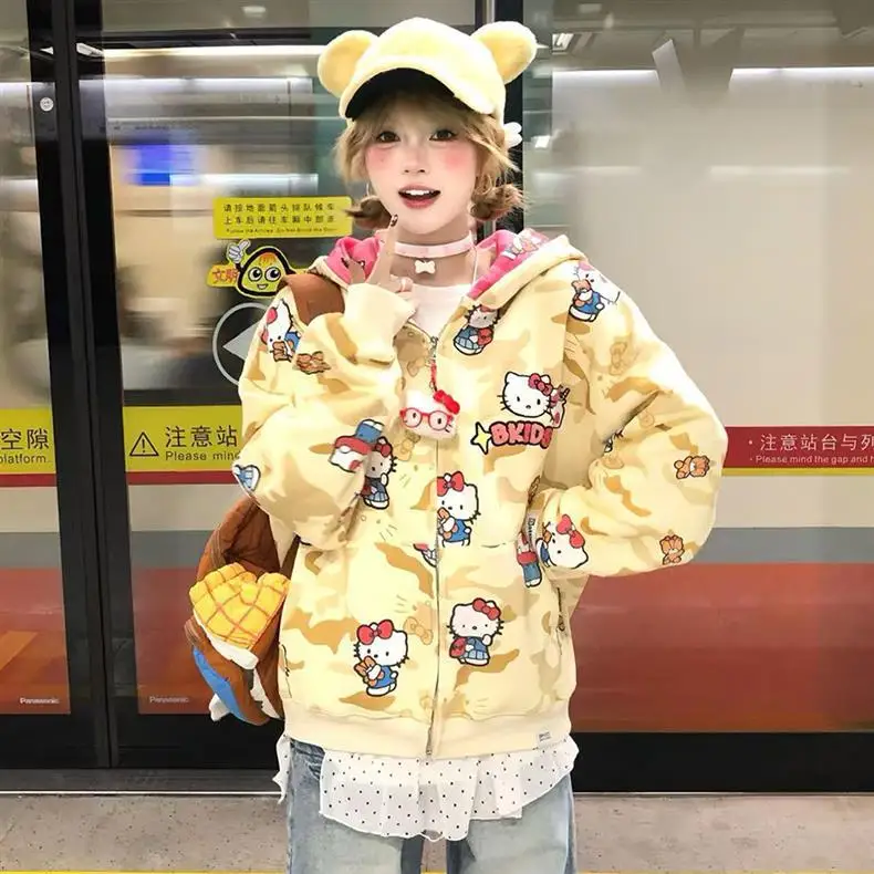 الكرتون مرحبا كيتي سستة مقنعين هوديي الخريف/الشتاء Kawaii أنيمي Y2K زوجين سترة سترة عسكرية فضفاض البلوز القماش #5