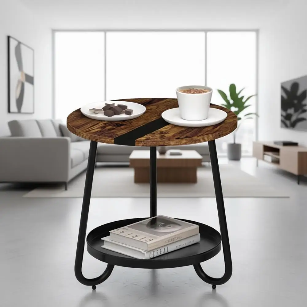 

2-Tier Living Room Coffee Table, Industrial Style Round with Metal Tray, Small Wood Outdoor/Patio, Rustic Brown