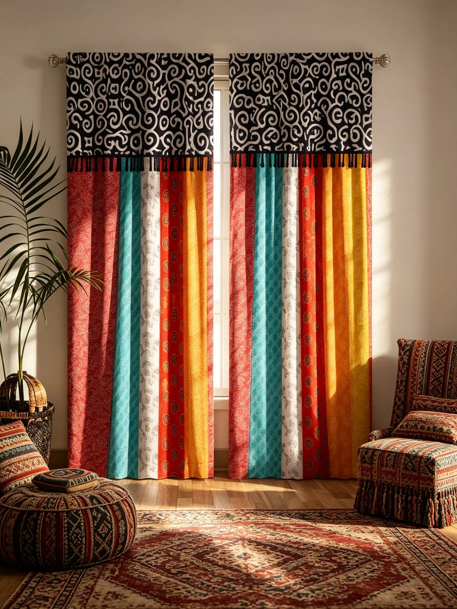 2PCS Digital Print Curtains, Boho Ethnic Stripe with Tassels Pattern, Rod Pocket Window Drapes for Bedroom Living Room Decor