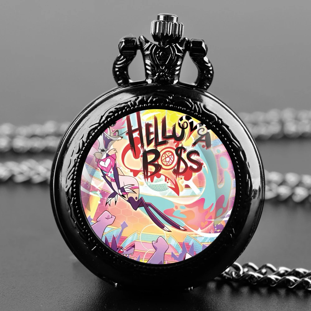 

Hot Cartoon Helluva Boss Glass Dome Pocket Watch with Chain Necklace Vintage Quartz Pendant Watches Mens Women Gifts for Kids