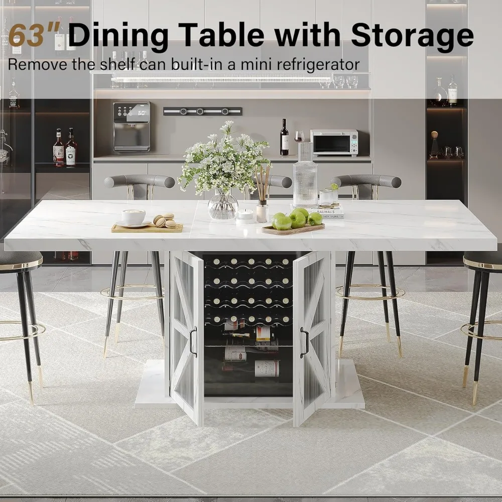 Mesa de jantar moderna LVB para 4 a 6, mesa de cozinha retangular branca com armazenamento, mesa de sala de jantar com pedestal de madeira com geladeira Sp