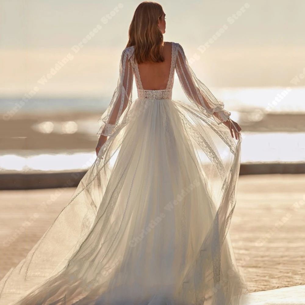 Hoogwaardige Tulle Dames Bruidjurken Sexy Kanten Lange Mouwen A-Lijn Dweilen Trouwjurken Formele Sweet Strandfeestkleding