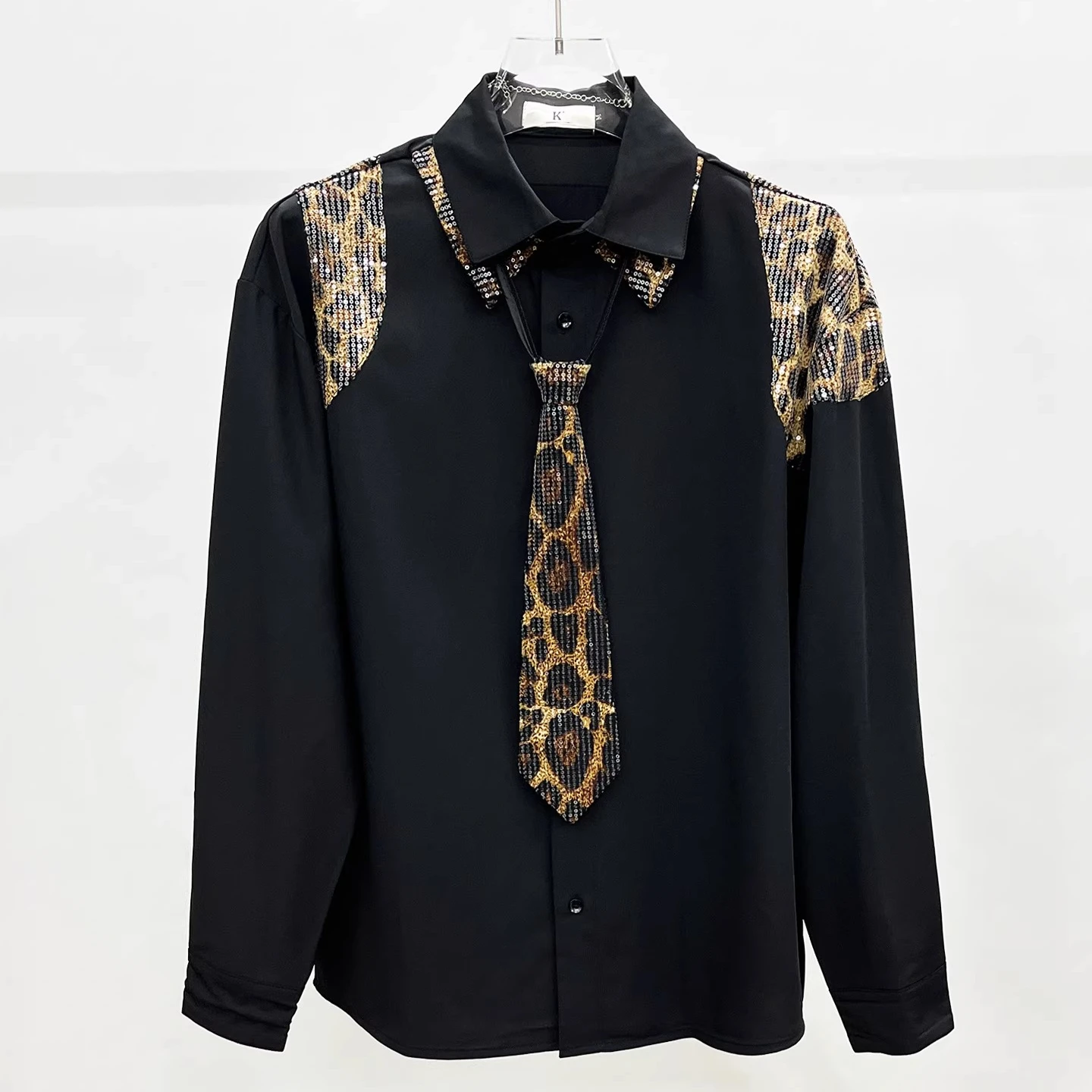 Leopard Print Patchwork Sequin Tie Shirt Men's Loose Temperament Casual Shirts Social Stage Performance Banquet Star Costume