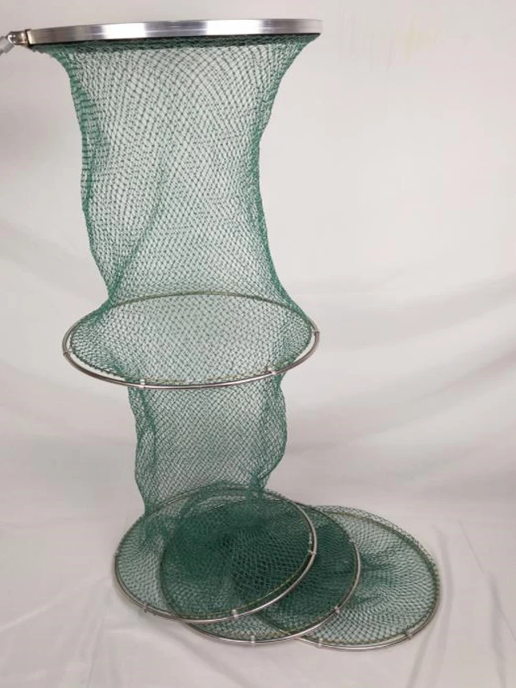 Hand-woven Fish Basket Nylon Line Stainless Steel Rings Fishing Net Bag Foldable Anti-hanging And Quick-drying Fish Cages - Image 4