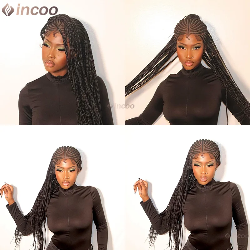 

32" Cornrow Braided Wigs Synthetic Hair Box Braids Lace Front Wigs Knotless Box Braided Wigs For Black Women Black Braiding Hair