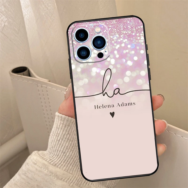 Personalised initials name pink shiny Back Case For iPhone 16 15 14 13 11 12 Pro Max Mini XS X XR 7 8 Plus Phone Cover