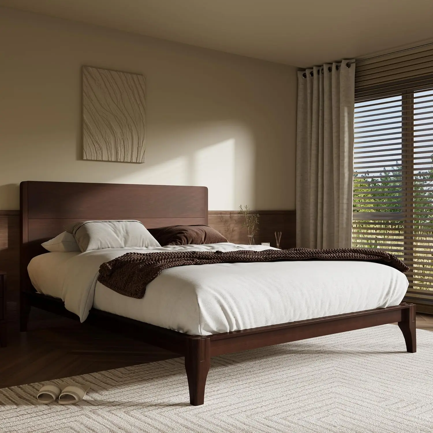 Merax Queen Size Bamboo Platform Bed, Mid-Century Modern Bed Frame with Tall Headboard, Solid Sustainable Bedframe Queen-Size, W